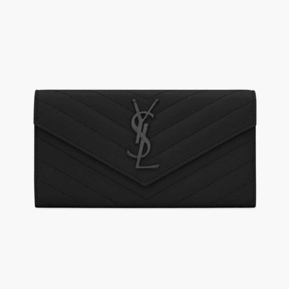YSL Cassandre Large Flap All Black Wallet in Grain de Poudre Leather